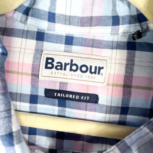 Barbour Furniss Tailored Shirt Pink Plaid Button Down Short Sleeve Sz L Men - Picture 7 of 12